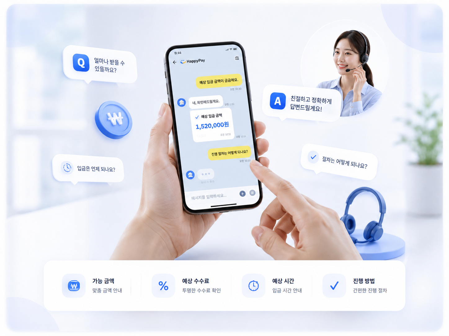 질문과 답변, 모바일 상담 흐름을 보여주는 FAQ 이미지